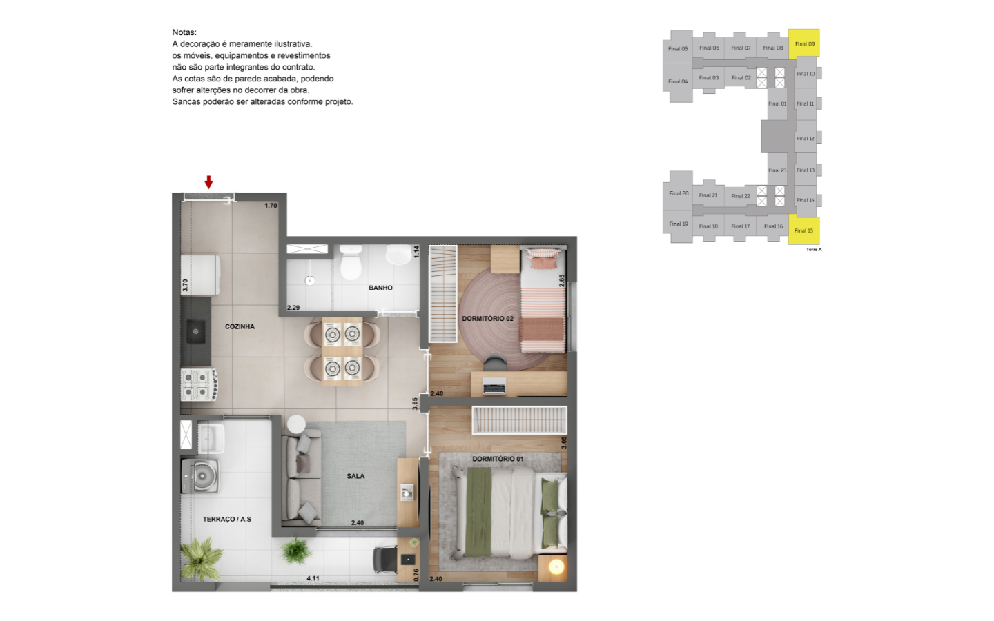 Planta de 2 dormitórios, opção 1 — Alto Granja Julieta